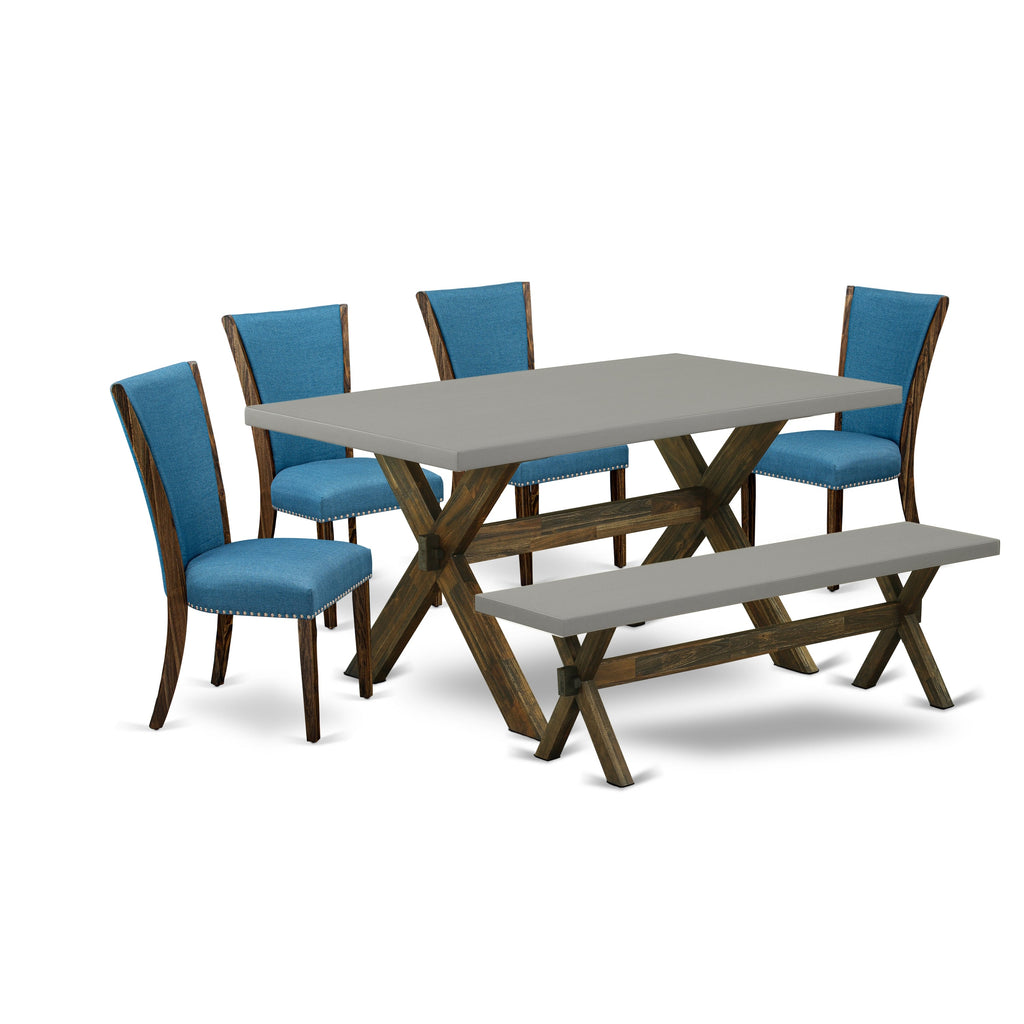 East West Furniture X797VE721-6 6 Piece Dining Table Set Contains a Rectangle Dining Room Table with X-Legs and 4 Blue Color Linen Fabric Parson Chairs with a Bench, 40x72 Inch, Multi-Color