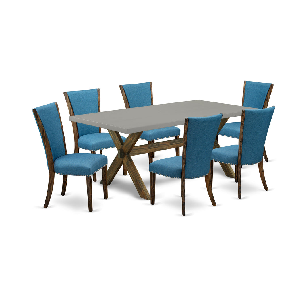 East West Furniture X797VE721-7 7 Piece Modern Dining Table Set Consist of a Rectangle Wooden Table with X-Legs and 6 Blue Color Linen Fabric Parson Dining Chairs, 40x72 Inch, Multi-Color