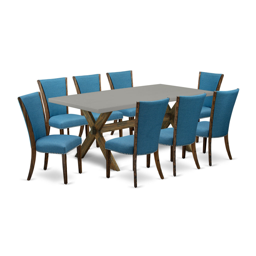 East West Furniture X797VE721-9 9 Piece Dining Table Set Includes a Rectangle Kitchen Table with X-Legs and 8 Blue Color Linen Fabric Parson Dining Room Chairs, 40x72 Inch, Multi-Color