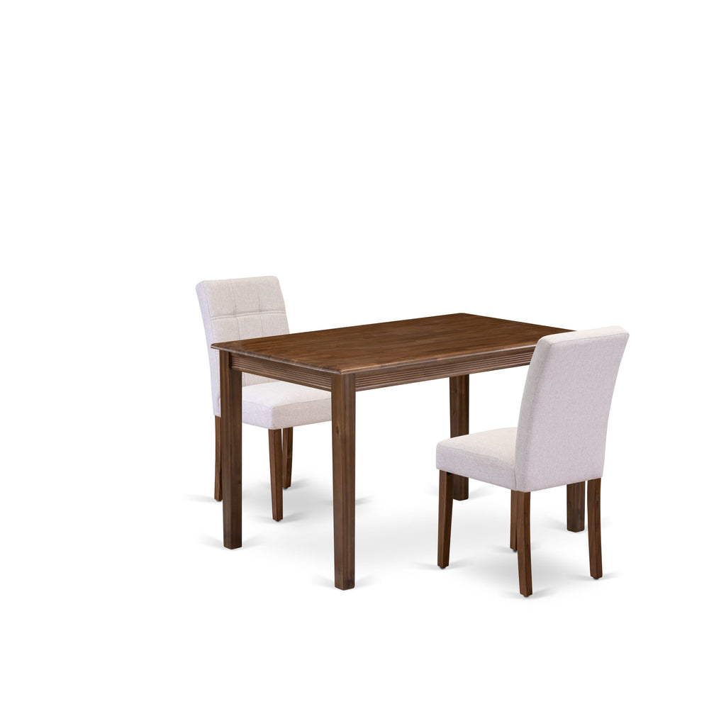 East West Furniture YAAS3-AWA-08 3 Piece Table Set Includes A Kitchen Table and 2 Mist Beige Linen Fabric Parson Chairs, Antique Walnut