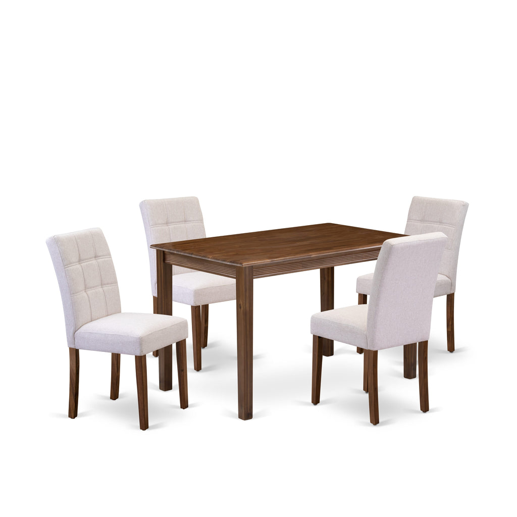East West Furniture YAAS5-AWA-08 5 Piece Modern Dining Table Set contain A Dining Room Table and 4 Mist Beige Linen Fabric Modern Chairs, Antique Walnut