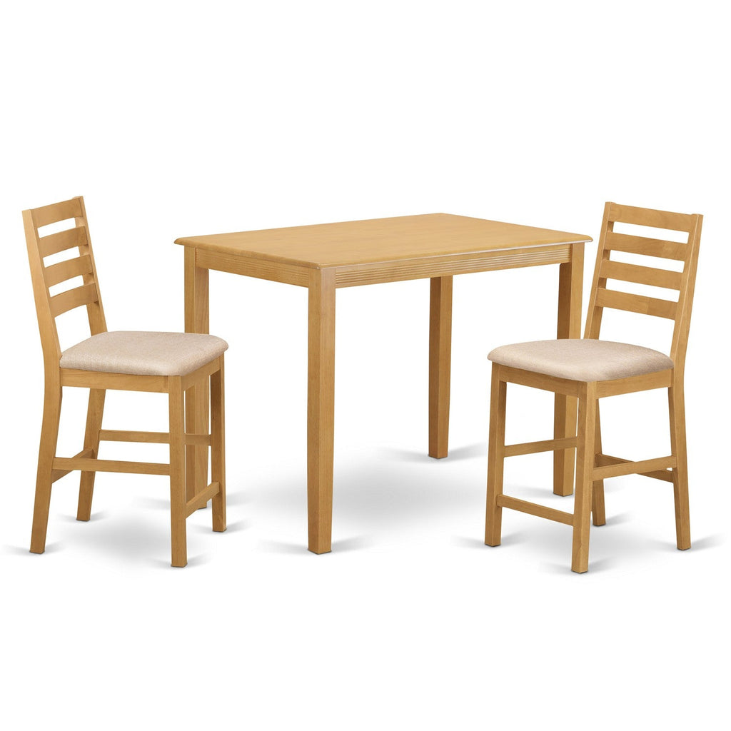 East West Furniture YACF3-OAK-C 3 Piece Counter Height Pub Set for Small Spaces Contains a Rectangle Kitchen Table and 2 Linen Fabric Dining Room Chairs, 30x48 Inch, Oak