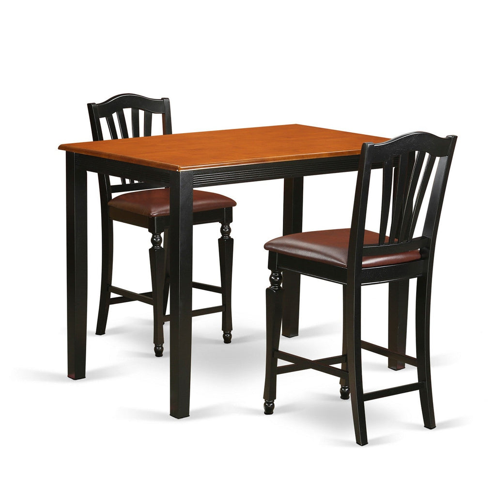 East West Furniture YACH3-BLK-LC 3 Piece Counter Height Pub Set for Small Spaces Contains a Rectangle Kitchen Table and 2 Faux Leather Dining Room Chairs, 30x48 Inch, Black & Cherry