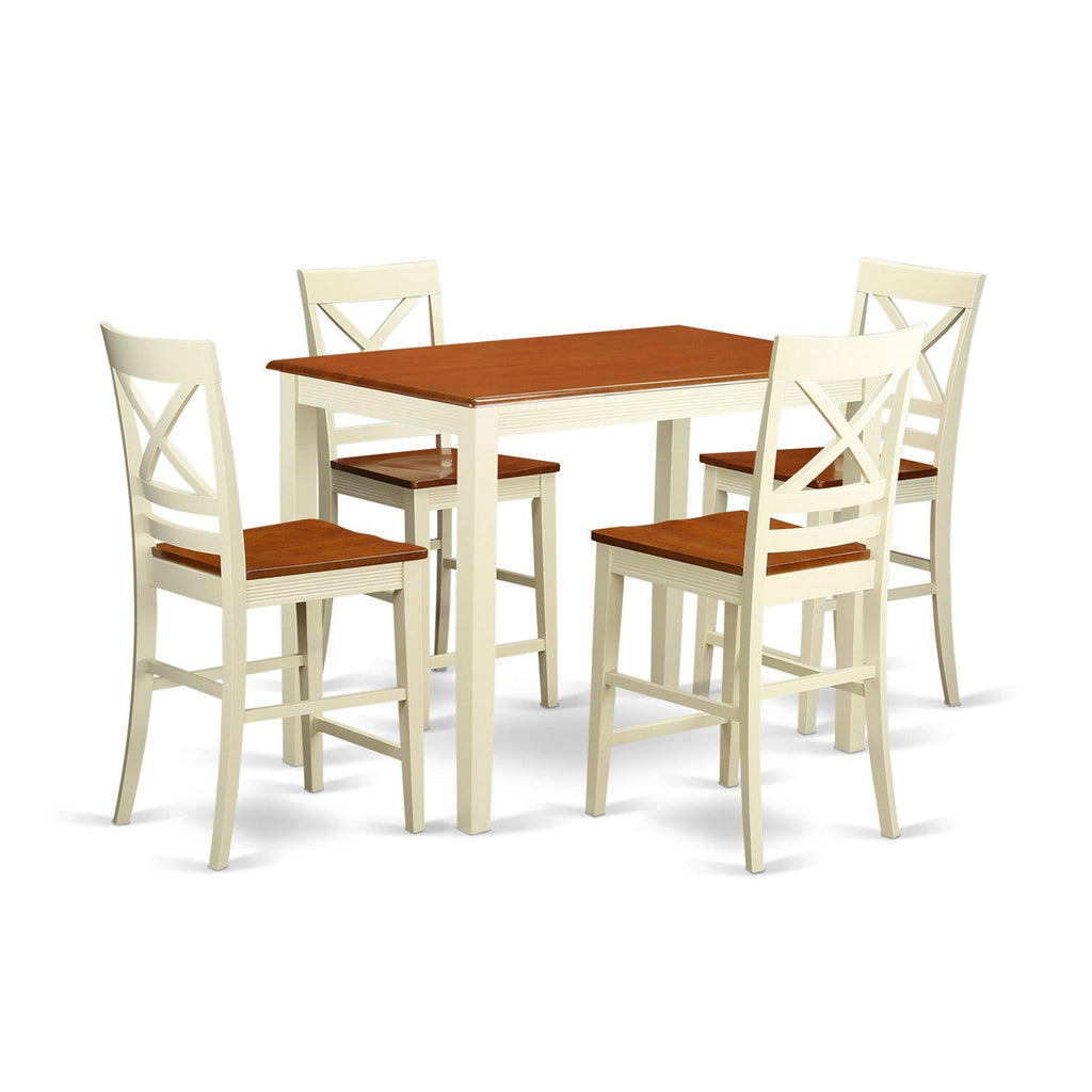 East West Furniture YAQU5-WHI-W 5 Piece Kitchen Counter Height Dining Table Set Includes a Rectangle Dining Room Table and 4 Wooden Seat Chairs, 30x48 Inch, Buttermilk & Cherry