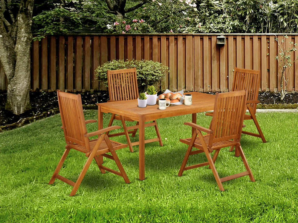 East West Furniture CMCN5NC5N 5 Piece Patio Garden Table Set Includes a Rectangle Outdoor Acacia Wood Dining Table and 4 Folding Adjustable Arm Chairs, 36x66 Inch, Natural Oil